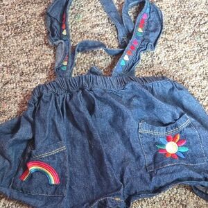 Kids Headquarters Denim Overalls with Rainbow and Flower Embroidery